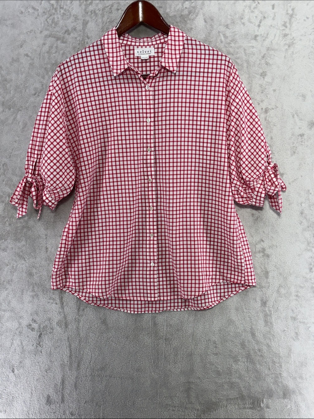 Velvet Red and White Cotton Gingham Button-Down Shirt with Tie Sleeves Size M